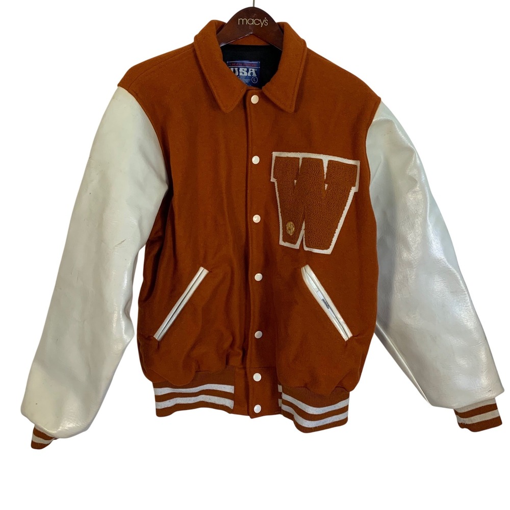 Awards USA Vintage Varsity Letterman Jacket Burnt‎ Orange Cream Soccer Patch 3L